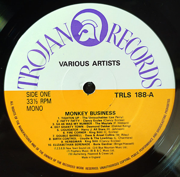 Image of Label Cover of LP - VG+/VG+ - VARIOUS ARTISTS, Monkey Business (Trojan Records; TRLS 188, UK 1980), ,  - 2426169E