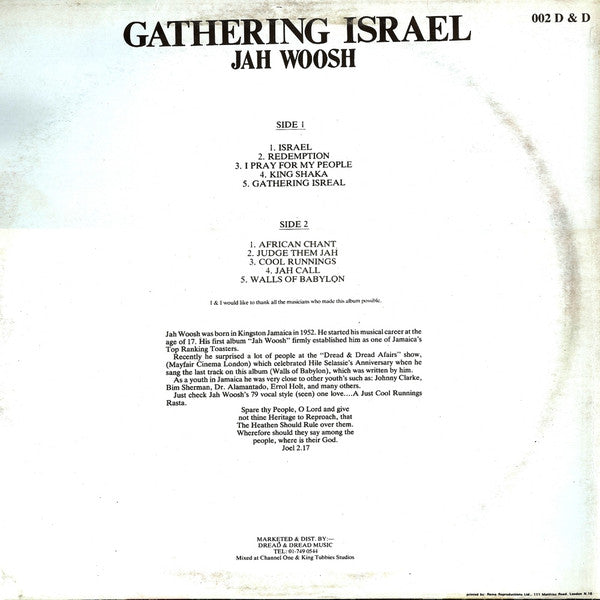 Image of Back Cover of LP - VG/VG+ - JAH WOOSH, Gathering Israel (Dread & Dread; DD 002, UK 1978, Red, Yellow, Green Marbled), ,  - 1216323C
