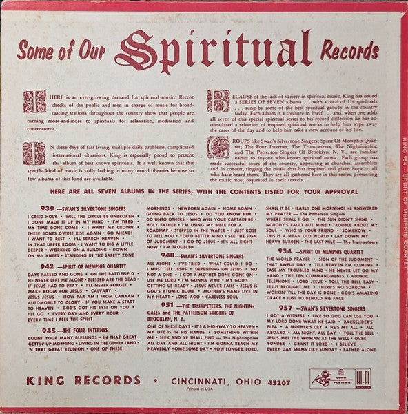 Image of Back Cover of 1324300E: LP - SPIRIT OF MEMPHIS QUARTET, 15 Soulful Songs Everybody Loves (King Records; 954, US 1966 Reissue, Pasteback Sleeve, Mono) Vinyl has surface marks from storage. Cover has some neatly repaired partial seam splits along top and bottom edge.  VG/VG