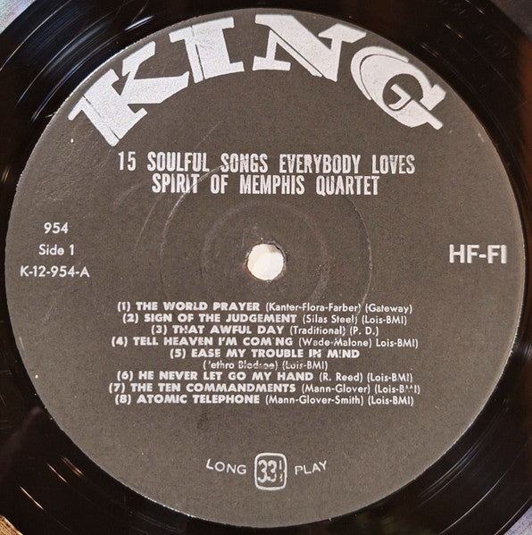 Image of Label Cover of 1324300E: LP - SPIRIT OF MEMPHIS QUARTET, 15 Soulful Songs Everybody Loves (King Records; 954, US 1966 Reissue, Pasteback Sleeve, Mono) Vinyl has surface marks from storage. Cover has some neatly repaired partial seam splits along top and bottom edge.  VG/VG