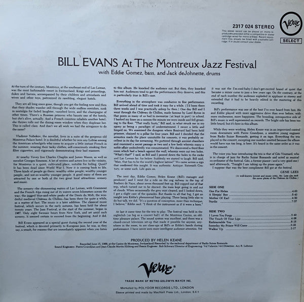 Image of Back Cover of LP - VG+/VG+ - BILL EVANS, At The Montreux Jazz Festival (Verve; 2317 024, UK Reissue, Laminated Front Sleeve), Slight Fogging To Side 2 Which Does Not Affect Play,  - 3426103E