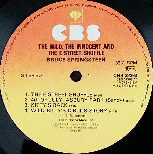 Image of Label Cover of 4244406S: LP - BRUCE SPRINGSTEEN, The Wild, The Innocent and the E Street Shuffle (CBS Orange/Yellow; CBS 32363, UK 1980 Reissue) Grubby Back Sleeve  VG/VG+