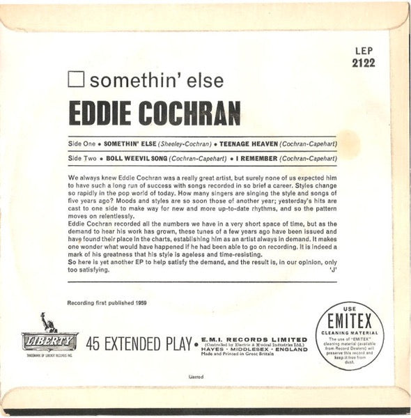 Image of Back Cover of 2214137C: 7" EP - EDDIE COCHRAN, Somethin' Else (Liberty Round Centre; LEP2122, UK 1963 Reissue, Laminated Flipback Sleeve, Mono) Date stamp and time of first track written on rear of sleeve.  VG/VG+