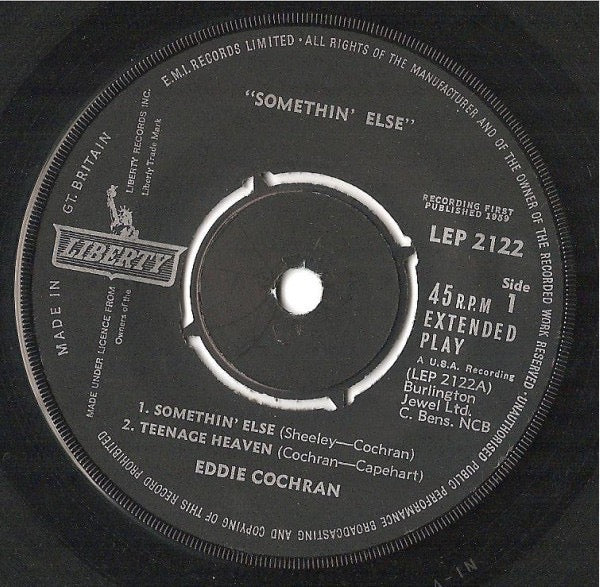 Image of Label Cover of 2214137C: 7" EP - EDDIE COCHRAN, Somethin' Else (Liberty Round Centre; LEP2122, UK 1963 Reissue, Laminated Flipback Sleeve, Mono) Date stamp and time of first track written on rear of sleeve.  VG/VG+