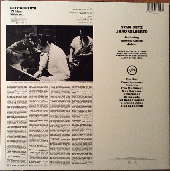 Image of Back Cover of LP - VG+/VG+ - STAN GETZ, JOAO GILBERTO FEATURING ANTONIO CARLOS JOBIM, Getz / Gilberto (Verve Records ; 0600753551561, Europe 2014 Reissue), Light marks only. Creasing, corner bump and light edge wear.,  - 3846254S