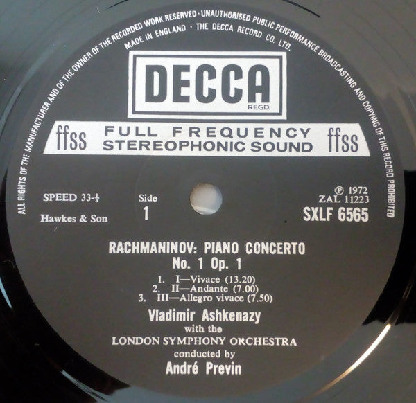 Image of Label Cover of 3xLP - VG+/VG+ - VLADIMIR ASHKENAZY, LONDON SYMPHONY ORCHESTRA, ANDR� PREVIN, Rachmaninov: The Four Piano Concertos / Rhapsody On A Theme Of Paganini (Decca Black Boxed Narrowband; SXLF 6565-7, UK 1972, Box Set), ,  - 4226200E