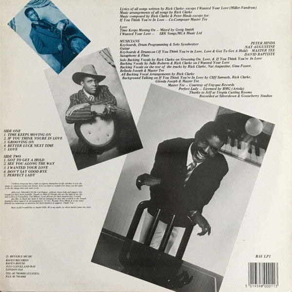 Image of Back Cover of LP - VG/G+ - RICK CLARKE, Time Keeps Moving On (Raven Records; RAV LP1, UK 1988), Edge Wear,  - 2446158S