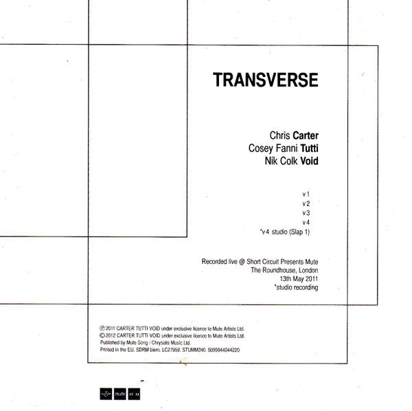 Image of Back Cover of LP - VG+/VG+ - CARTER TUTTI VOID, Transverse (Mute; STUMM340, UK 2012, Missing the CD), , A Chris & Cosey (Throbbing Gristle) & Nik Colk Void (Factory Floor) collaboration.  - 3826041E