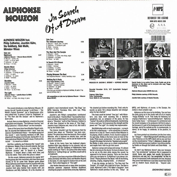 Image of Back Cover of 2732044E: LP - ALPHONSE MOUZON, In Search Of A Dream (MPS Records ; 0211965MSW, Germany 2017 Reissue, Insert, 180g Vinyl, Remastered)   NEW/NEW