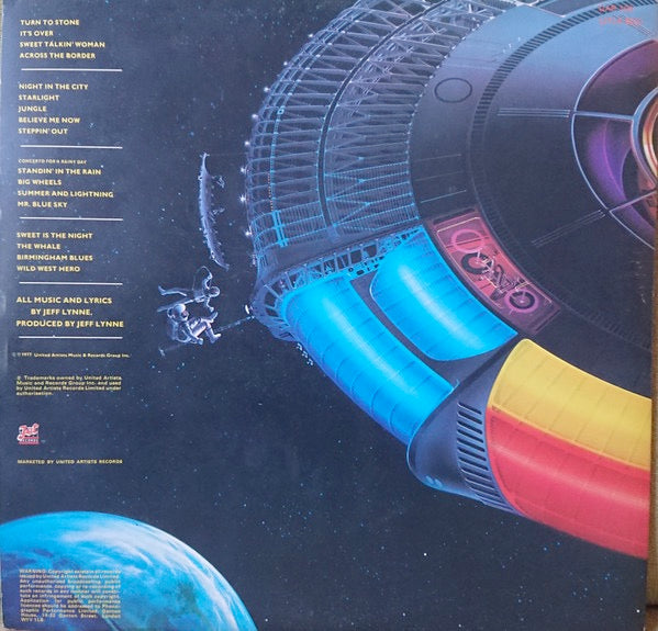 Image of Back Cover of 4624023E: 2xLP - ELO - THE ELECTRIC LIGHT ORCHESTRA, Out Of The Blue (Jet Records ; UAR 100, UK 1977, Gatefold, 2 Inners, Poster, ALLEN Lacquer - No KEV!) Damp Damage to Top of Sleeve. Merch Sheet  G+/VG