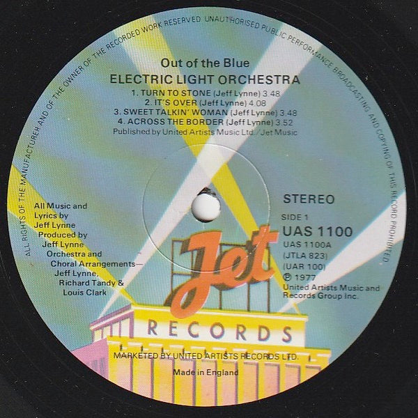 Image of Label Cover of 4624023E: 2xLP - ELO - THE ELECTRIC LIGHT ORCHESTRA, Out Of The Blue (Jet Records ; UAR 100, UK 1977, Gatefold, 2 Inners, Poster, ALLEN Lacquer - No KEV!) Damp Damage to Top of Sleeve. Merch Sheet  G+/VG