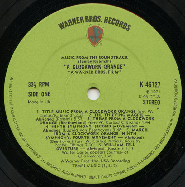 Image of Label Cover of LP - VG/VG - VARIOUS INC WALTER CARLOS, Stanley Kubrick's A Clockwork Orange (WB Green With Shield Logo v Under STEREO Made In UK Under SIDE Indicators; K46127, UK 1971 Reissue), Name in faint pen on sleeve front,  - 3626514E