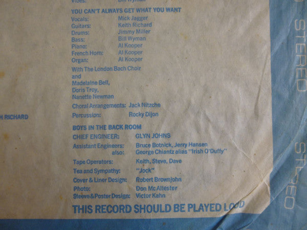 Image of Back Cover of 3624162E: LP - THE ROLLING STONES, Let it Bleed (Decca Blue Unboxed; SKL 5025, UK 1969, Laminated Front Sleeve, Printed inner sleeve, which lists "With the London Bach Choir" uncensored on "You can t always get what you want"., No Poster, Stereo First issue sleeve laminated with only 'Sleeve printed in England' and no Upton Printing Group credit.Front poster advert sticker.Back cover has stereo/mono ''indicator hole''. ) Audible Surface Noise  VG/G