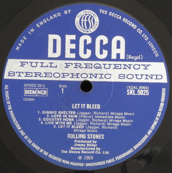 Image of Label Cover of 3624162E: LP - THE ROLLING STONES, Let it Bleed (Decca Blue Unboxed; SKL 5025, UK 1969, Laminated Front Sleeve, Printed inner sleeve, which lists "With the London Bach Choir" uncensored on "You can t always get what you want"., No Poster, Stereo First issue sleeve laminated with only 'Sleeve printed in England' and no Upton Printing Group credit.Front poster advert sticker.Back cover has stereo/mono ''indicator hole''. ) Audible Surface Noise  VG/G