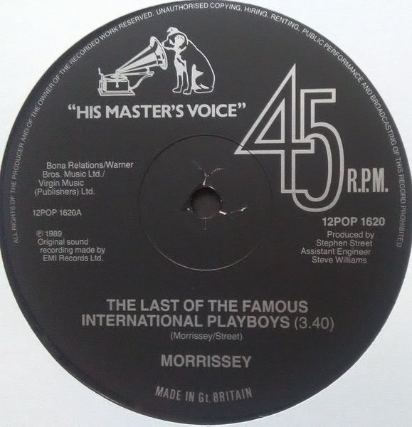 Image of Label Cover of 12" - VG+/VG+ - MORRISSEY, The Last Of The Famous International Playboys (HMV; 12POP1620, UK 1989, Picture Sleeve), ,  - 3126113E