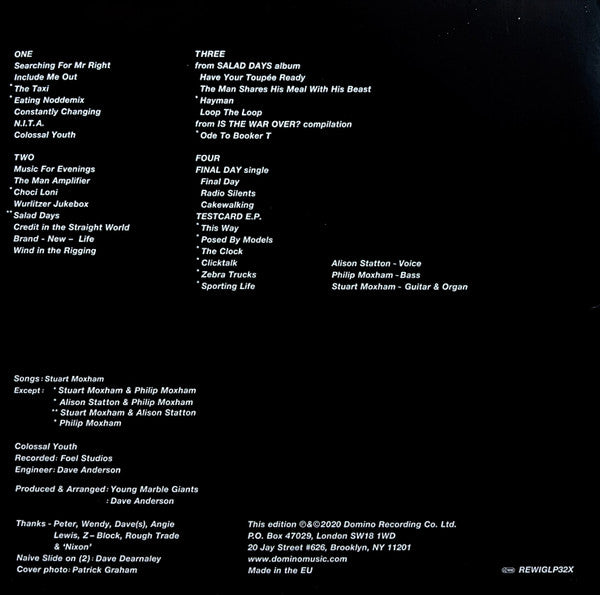 Image of Back Cover of 2xLP - VG/VG - YOUNG MARBLE GIANTS, Colossal Youth / Loose Ends And Sharp Cuts (Domino; REWIGLP32X, Europe 2020 Reissue, Insert, With DVD), Strong VG, Light mottling, Sleeve crease, With DVD,  - 1716635C