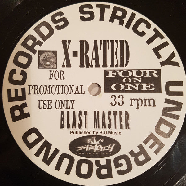 Image of Back Cover of 5124358E: 12" - ITCH'IE E / BLAST MASTER, Four On One (Strictly Underground Records ; STUR 76, UK 1996, Promo Only, Die Cut Company Sleeve) Some creasing/ring/edgwear. Strong VG - light marks only.  VG/VG