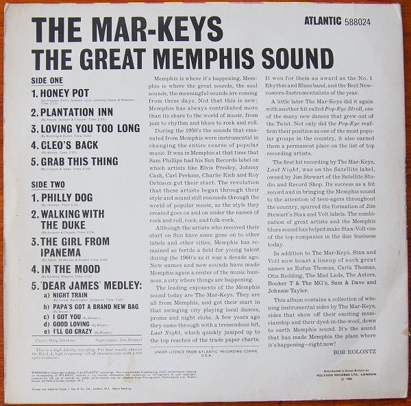 Image of Back Cover of 2614529C: LP - THE MAR-KEYS, The Great Memphis Sound (Atlantic ; 588024, UK 1966, Laminated Front Sleeve, Plum & Orange) Sleeve seams are taped. Disc is very clean - strong VG+  G+/VG+