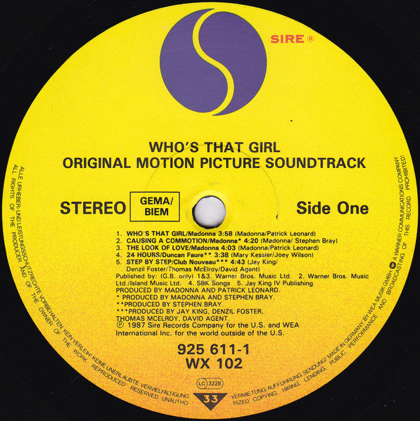 Image of Label Cover of LP - VG/VG - MADONNA, Who's That Girl (Original Motion Picture Soundtrack) (Sire; 925 611-1, Europe 1987), Light marks, edge wear, small sticker damage, with hype sticker,  - 3946066S
