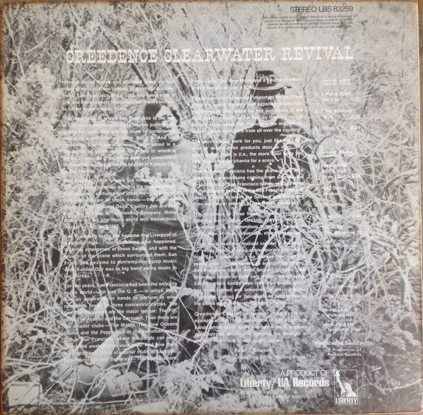 Image of Back Cover of 4944037S: LP - CREEDENCE CLEARWATER REVIVAL, Creedence Clearwater Revival (Liberty; LBS83259, UK 1969, Laminated Front Sleeve) Surface noise, lots of hairlines and other surface marks. Sticker on label. Sticker damage to back of sleeve, creasing to laminate, slight discolouration.  VG/G+