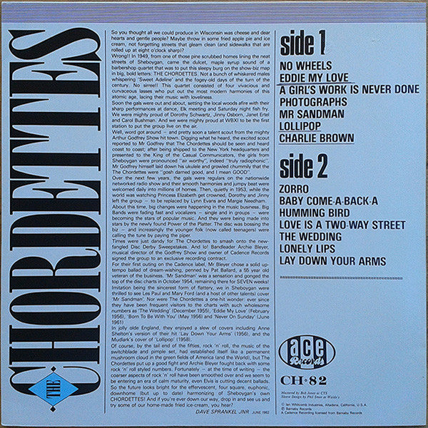 Image of Back Cover of 2924267E: LP - THE CHORDETTES, The Chordettes (Ace ; CH 82, UK 1983, Barnaby Records Inc On One Line On Labels) Vinyl is strong VG, just a few light marks.  VG+/VG