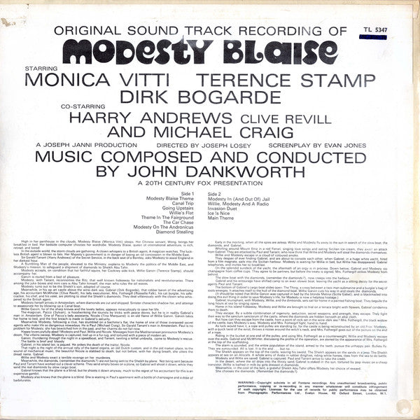 Image of Back Cover of 4625194E: LP - JOHN DANKWORTH, Modesty Blaise (Fontana ; TL 5347, UK 1966, Laminated Front Sleeve, Mono) Fogging On Side 2  VG/VG