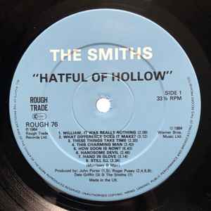 Image of Label Cover of LP - VG/G - THE SMITHS, Hatful Of Hollow (Rough Trade; ROUGH 76, UK 1984, Correct Black Dot Gatefold Sleeve, Inner With Correct Tracklisting, Aston Clinton Pressing), ,  - 3726038E