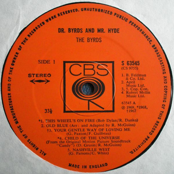 Image of Label of 3624118E: LP - THE BYRDS, Dr Byrds and Mr Hyde (CBS Smooth Orange ; 63545, UK 1969, Laminated Front Sleeve, Stereo in Mono sleeve with gold Stereo sticker on the back)   VG/VG