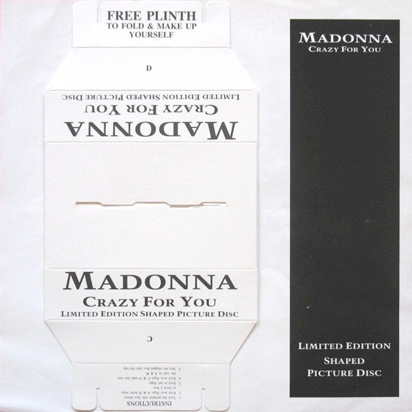 Image of Back Cover of 7" - VG/G - MADONNA, Crazy For You (Sire; W0008P, UK 1991 Reissue, Single Sheet Insert & Plinth In PVC Outer, Shaped Picture Disc.), Mark that clicks briefly, minor  damage to bottom right of sleeve, a touch of mottling. Unused plinth.,  - 3016119C