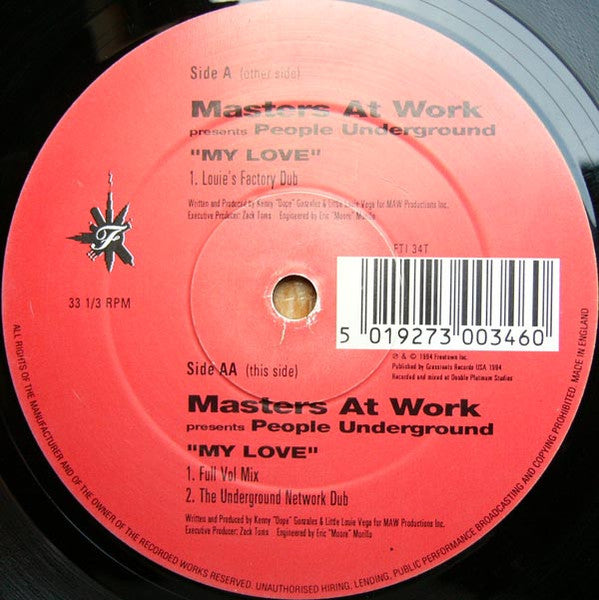 Image of Back Cover of 4925082E: 12" - MASTERS AT WORK PRESENTS PEOPLE UNDERGROUND, My Love (Freetown Inc ; FTI 34T, UK 1994, Company Sleeve) A fair amount of hairline marks but plays great. Generic sleeve  /G+