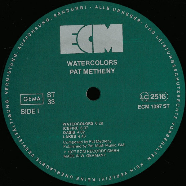 Image of Label Cover of LP - VG/VG+ - PAT METHENY, Watercolors (ECM; 1097, Germany 1977, Laminated Sleeve), ,  - 3316134C