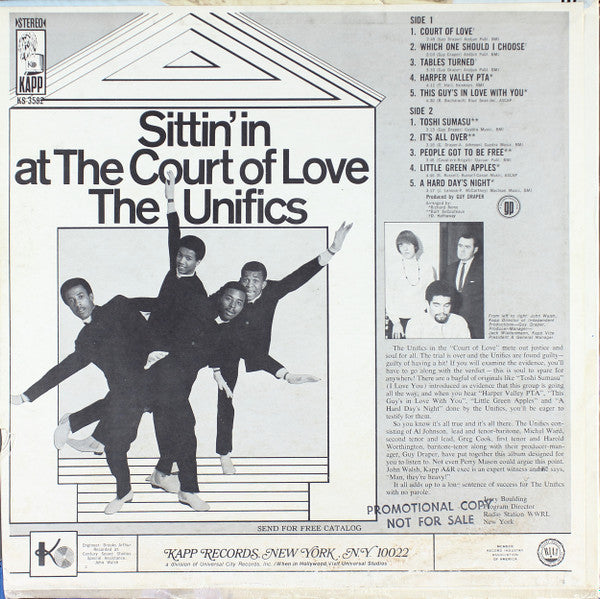 Image of Back Cover of 4644282S: LP - THE UNIFICS, Sittin' In At The Court Of Love (Kapp Records ; KS-3582, US 1968, Pasteback Sleeve, Company Inner) Still in shrinkwrap. Drill hole to bottom right corner.  VG+/VG+