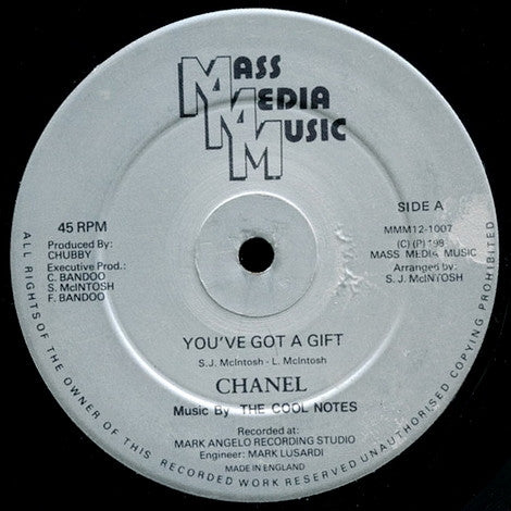 Image of Front Cover of 12" - VG/G+ - CHANEL / THE COOL NOTES, You've Got A Gift / I'll Be Your Girl (Mass Media Music; MMM12-1007, UK 1982, Company Sleeve), Vinyl in strong G+, surface marks only and plays VG/VG+.,  - 3246057S