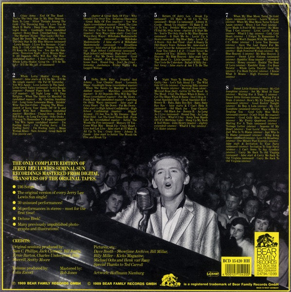 Image of Back Cover of 8xCD - VG/VG+ - JERRY LEE LEWIS, Classic Jerry Lee Lewis - The Definitive Edition Of His Sun Recordings 1956-1963 (Incl. Unissued Performances) (Bear Family Records ; BCD 15420 HH, Germany 1989, Box Set, Booklet), Box has one corner split & some wear.,  - 3016198C