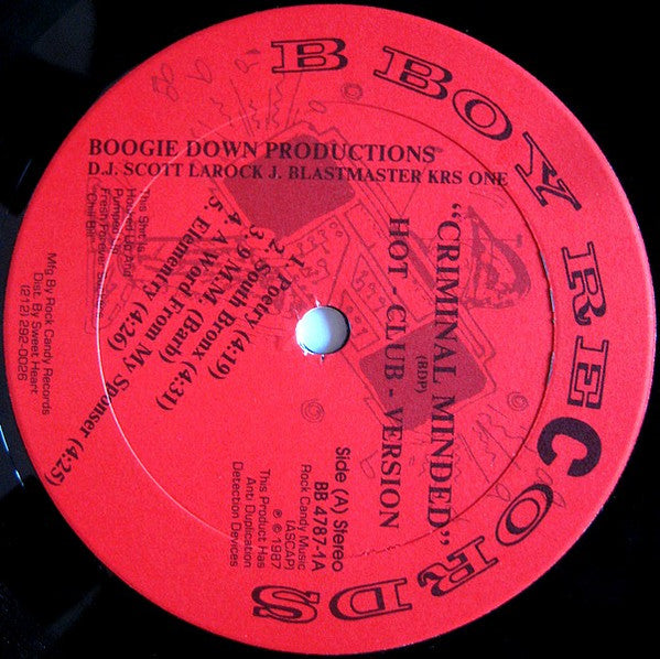 Image of Front Cover of 1414131C: 12" - BOOGIE DOWN PRODUCTIONS, Criminal Minded (Hot-Club-Version) (B-Boy Records ; BB 4787-1, US 1987, Plain Sleeve, Red Labels) Some light marks but plays well.  VG/G+