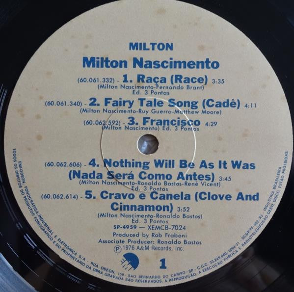 Image of Label Cover of LP - VG/G+ - MILTON NASCIMENTO, Milton (EMI ; XEMCB-7024, Brazil 1977, Gatefold), Lots of light marks to disc.,  - 2616016C