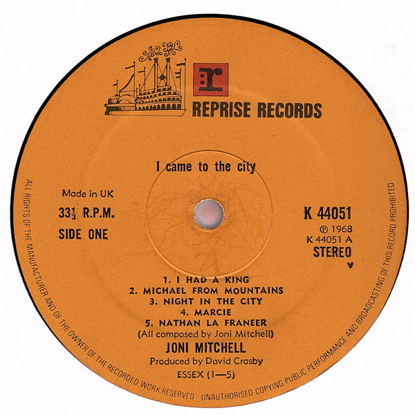 Image of Label Cover of LP - G+/G+ - JONI MITCHELL, Joni Mitchell Song To A Seagull (Reprise Tan Riverboat, No WB Logo; K 44051, UK 1972 Reissue, Gatefold, UK Disc In Canadian Sleeve Stickered With K 44051 Number), A couple taped edges. WOS. Lots of very light hairlines on disc.,  - 2146167S