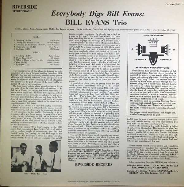 Image of Back Cover of LP - G+/VG - BILL EVANS, Everybody Digs (Fantasy; OJC-068, US 1983 Reissue), Light Marks only. Sticker damage to sleeve.,  - 2726029E