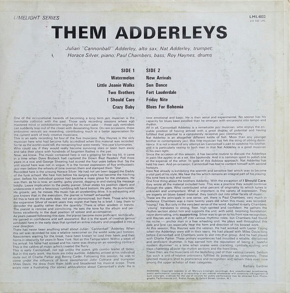 Image of Back Cover of LP - VG+/VG - JULIAN "CANNONBALL" ADDERLEY / NAT ADDERLEY / HORACE SILVER / PAUL CHAMBERS, Them Adderleys (Mercury ; LML 4022, UK 1966, Pasteback Sleeve), Only a few light marks to disc. ,  - 2416048C