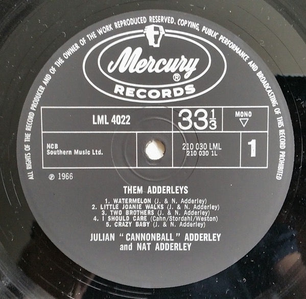 Image of Label Cover of LP - VG+/VG - JULIAN "CANNONBALL" ADDERLEY / NAT ADDERLEY / HORACE SILVER / PAUL CHAMBERS, Them Adderleys (Mercury ; LML 4022, UK 1966, Pasteback Sleeve), Only a few light marks to disc. ,  - 2416048C
