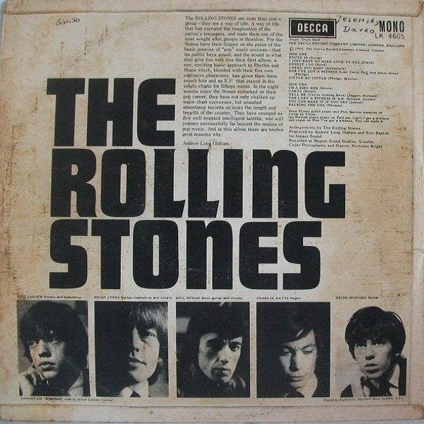 Image of Back Cover of 0115180C: LP - THE ROLLING STONES, The Rolling Stones (Decca  Red Unboxed Made in England top of the label. the N.C.B. and B.I.E.M. captions are on the left hand side ; LK.4605, UK 1964, Laminated Flipback Sleeve, Discogs Label variation X. Discogs B1 Cover.. Mono, 'I Need You Baby' Tracklisting ) Two light cosmetic scuffs to side 2, Sleeve has some ring wear and laminate creasing  VG/VG