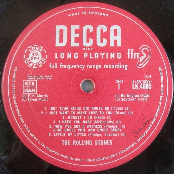 Image of Label Cover of 0115180C: LP - THE ROLLING STONES, The Rolling Stones (Decca  Red Unboxed Made in England top of the label. the N.C.B. and B.I.E.M. captions are on the left hand side ; LK.4605, UK 1964, Laminated Flipback Sleeve, Discogs Label variation X. Discogs B1 Cover.. Mono, 'I Need You Baby' Tracklisting ) Two light cosmetic scuffs to side 2, Sleeve has some ring wear and laminate creasing  VG/VG