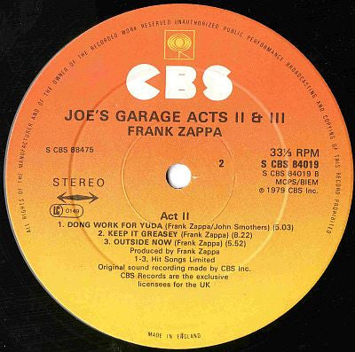 Image of Label Cover of 2xLP - VG/VG - FRANK ZAPPA, Joe's Garage Acts II & III (CBS; 88475, UK 1979, Gatefold, Insert), Sleeve has edge & ring wear.,  - 3316054C