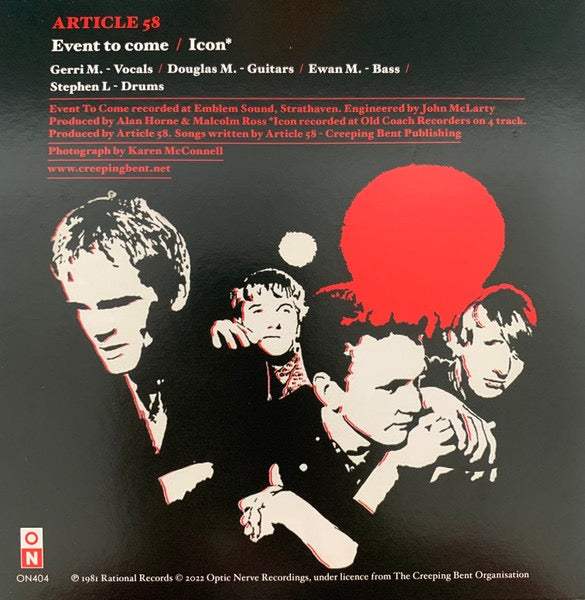 Image of Back Cover of 7" - VG+/EX - ARTICLE 58, Event To Come (Optic Nerve Recordings; ON404, UK 2022 Reissue, Stickered Plastic Outer, Company Inner, Poster & Postcard, Red Vinyl), Complete,  - 3516097C