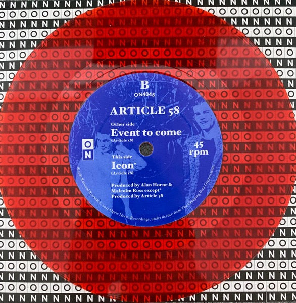 Image of Label Cover of 7" - VG+/EX - ARTICLE 58, Event To Come (Optic Nerve Recordings; ON404, UK 2022 Reissue, Stickered Plastic Outer, Company Inner, Poster & Postcard, Red Vinyl), Complete,  - 3516097C