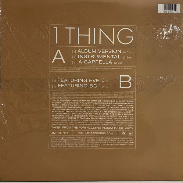 Image of Back Cover of 12" - VG/G+ - AMERIE, 1 Thing (Columbia; 44 71958, US 2005, Picture Sleeve), Many light hairlines and scuffs but nothing serious. Sleeve has ringwear, edgewear, frayed opening section.,  - 4426123E
