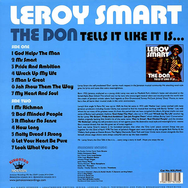 Image of Back Cover of LP - G+/VG+ - LEROY SMART, The Don Tells It Like It Is... (Kingston Sounds; KSLP045, UK 2013), Sleeve has rip at top of opening. Light wear at edges / corners,  - 2516327C