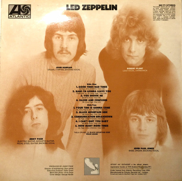 Image of Back Cover of S: LP - LED ZEPPELIN, Led Zeppelin (Atlantic; 588171, UK 1970s Reissue, "Warner Bros. / 7 Arts, Jewel Music" Publishing Credits.)   VG/VG