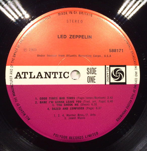 Image of Label Cover of S: LP - LED ZEPPELIN, Led Zeppelin (Atlantic; 588171, UK 1970s Reissue, "Warner Bros. / 7 Arts, Jewel Music" Publishing Credits.)   VG/VG