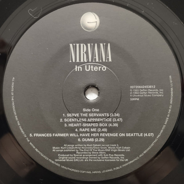 Image of Label Cover of LP - VG/VG+ - NIRVANA, In Utero (Geffen Records; 0720642453612, Europe 2015 Reissue, Inner, 698 Matrices), Creased Edge,  - 2346384S
